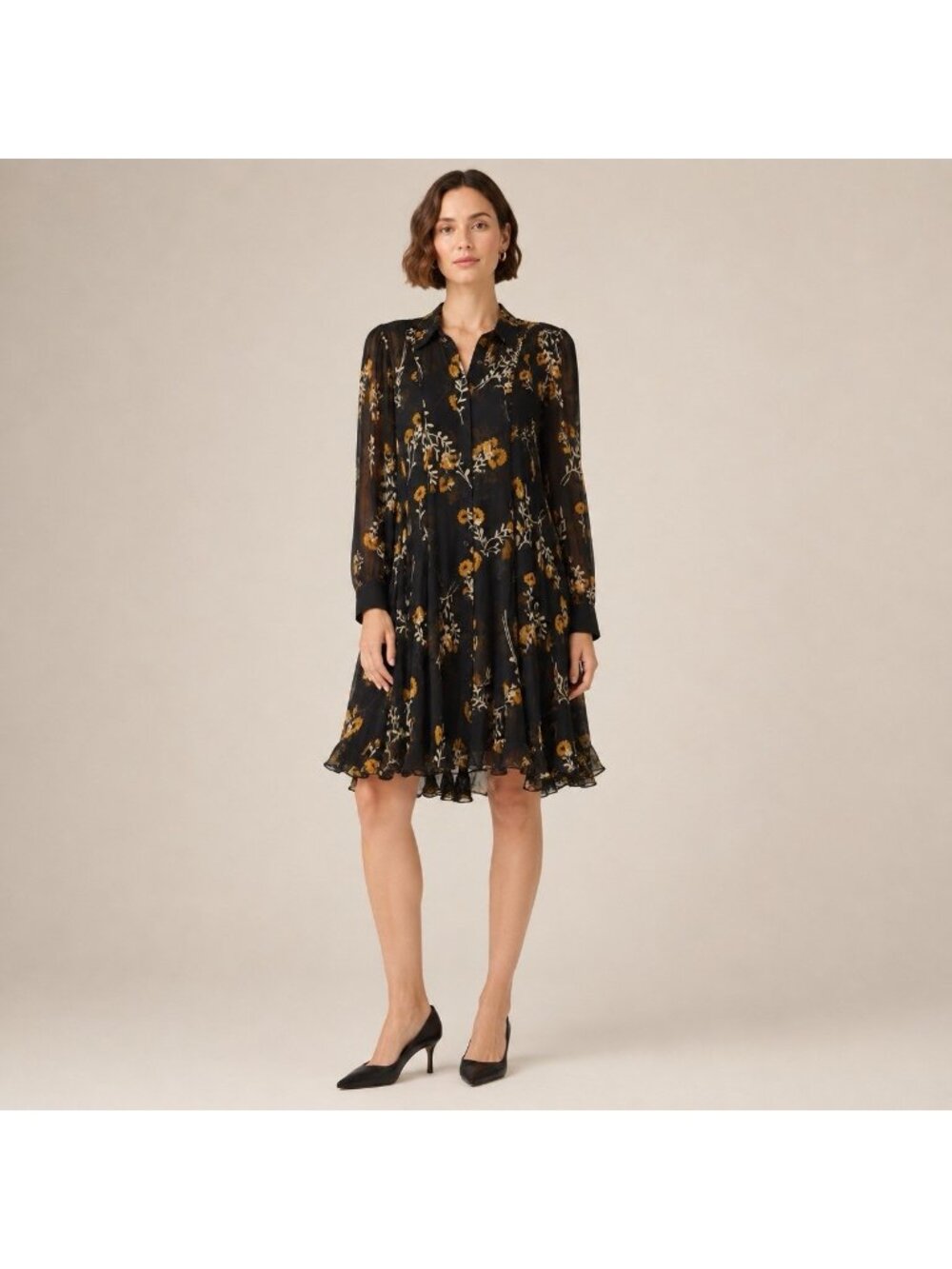 J.Crew XL Black Chiffon Floral Shirt Dress Ruffle Hem And Collar Long Sleeve